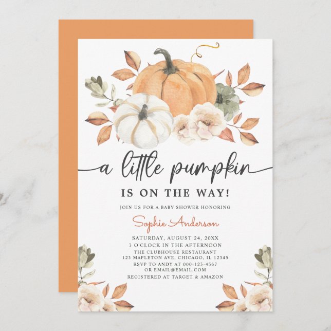 Invitación Autumt Floral Little Pumpkin Baby Shower (Anverso / Reverso)