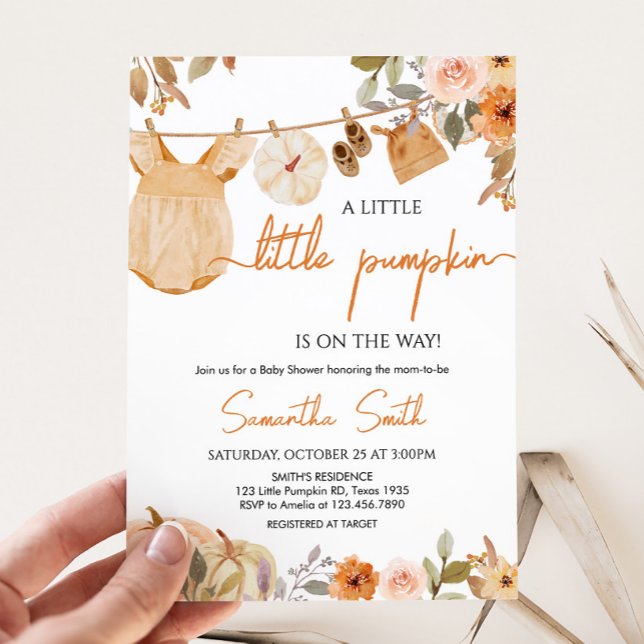 Invitación Autumt Floral Little Pumpkin Baby Shower (Autumn Floral Little Pumpkin Clothesline Baby Shower Invitation)