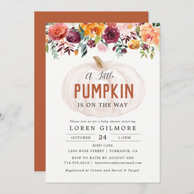 Invitación Autumt Floral Little Pumpkin Baby Shower (Anverso / Reverso)