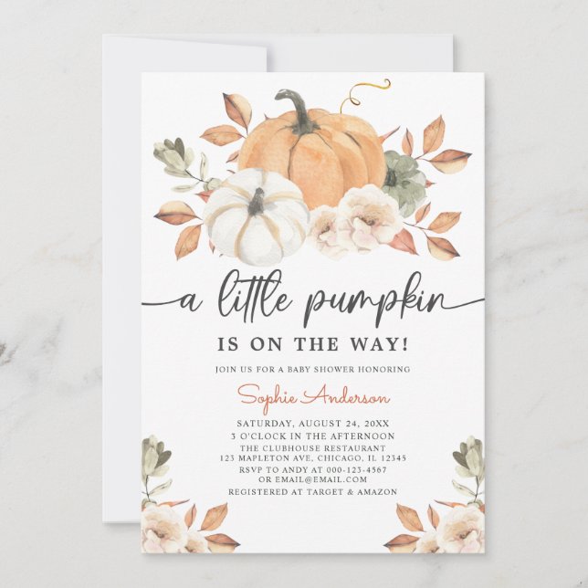 Invitación Autumt Floral Little Pumpkin Baby Shower (Anverso)