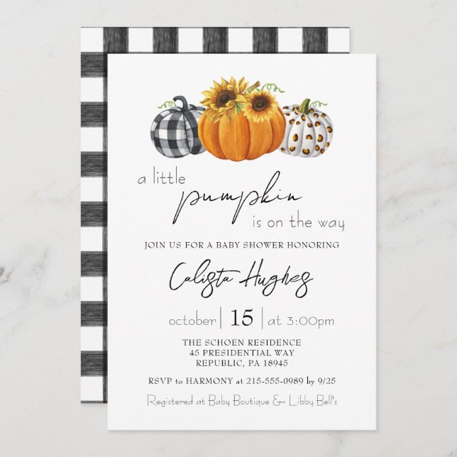 Invitación Autumt Little Pumpkin Sunflower Rustic Baby Shower (Anverso / Reverso)
