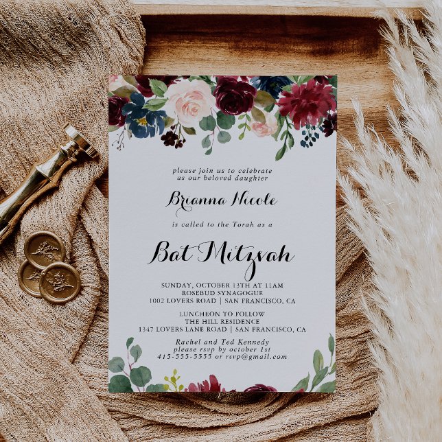 Invitación Autumt Rustic Burgundy Calligraphy Bat Mitzvah (Subido por el creador)
