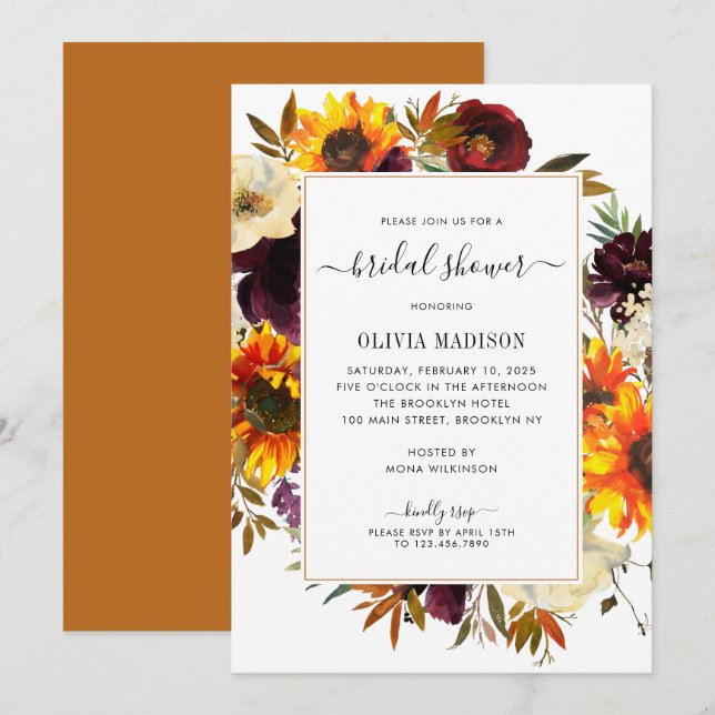 Invitación Autumt Sunflower Burgundy Floral Bridal Shower (Anverso / Reverso)