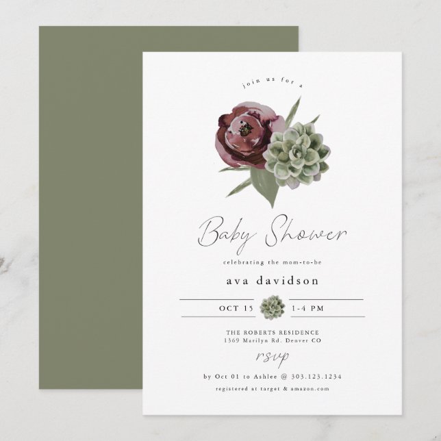 Invitación AVA Burgundy Floral Succulum Desert Baby Shower (Anverso / Reverso)