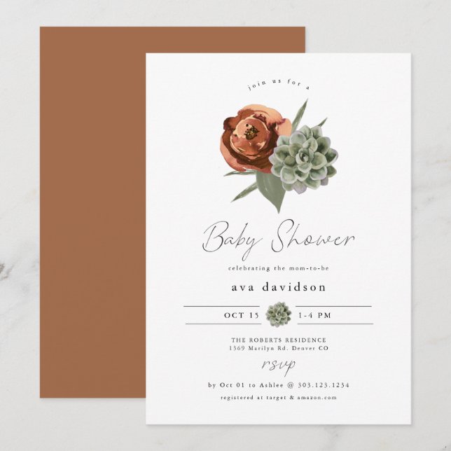 Invitación AVA Terracotta Floral Succulum Baby Shower (Anverso / Reverso)