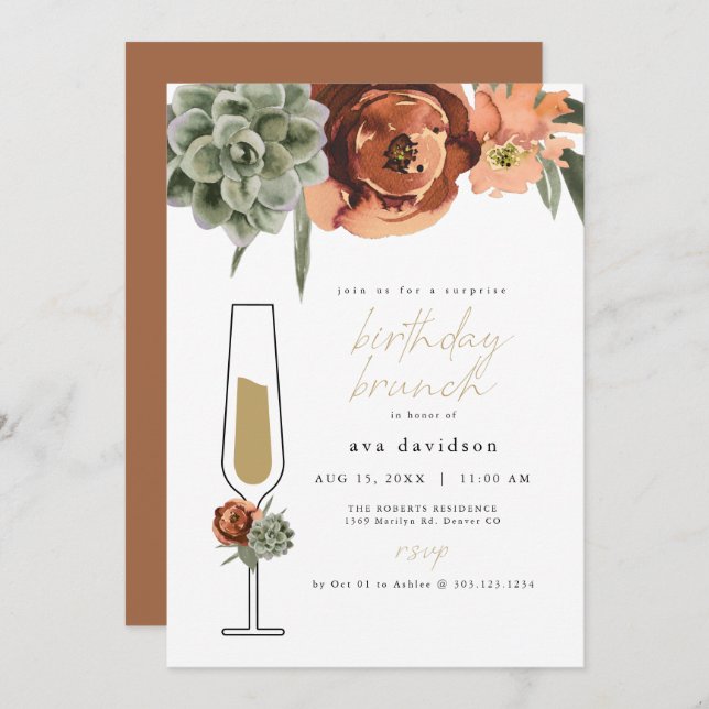 Invitación AVA Terracotta Suculento Brunch Cumpleaños (Anverso / Reverso)