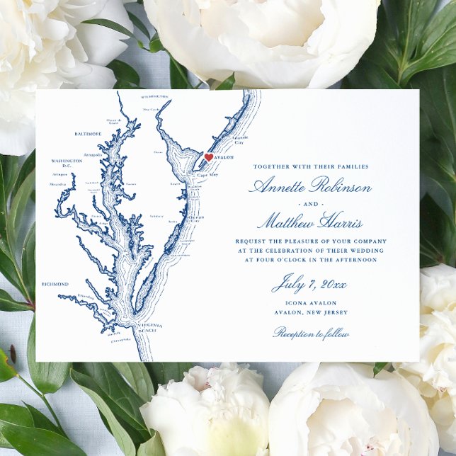 Invitación Avalon New Jersey Elegant Wedding (Elegant Avalon New Jersey Map Wedding Invitation with navy blue script typography and red heart)