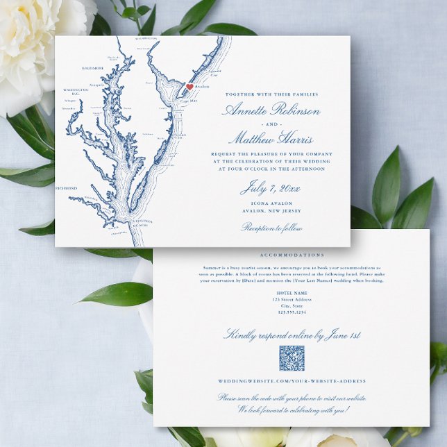 Invitación Avalon NJ código QR completo en uno Boda RSVP (Avalon NJ All-in-One QR code Wedding invitation in elegant Navy Blue from Coastal Map Designs)