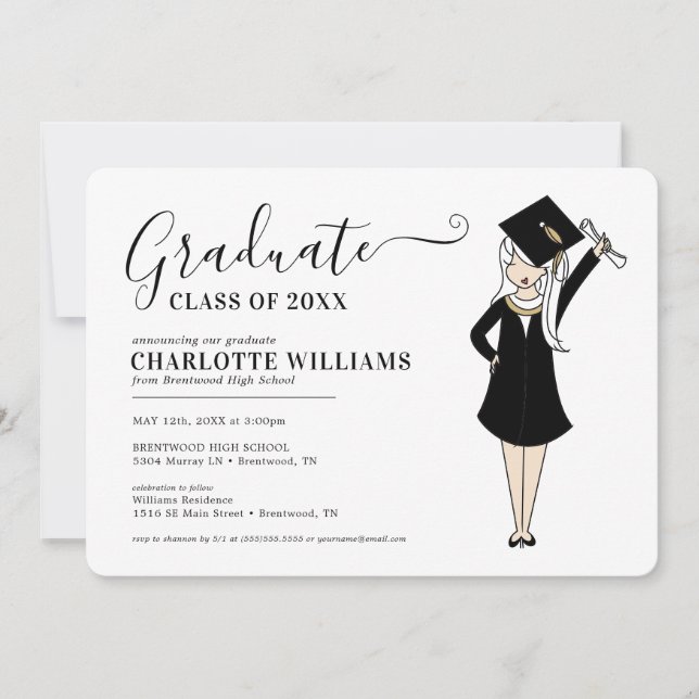 Invitación Avatar Chica personalizable | Graduación en la esc (Anverso)