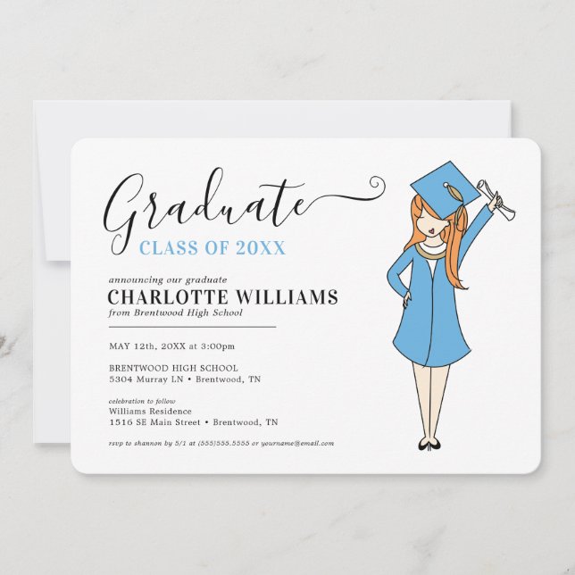 Invitación Avatar Chica personalizable | Graduación en la esc (Anverso)