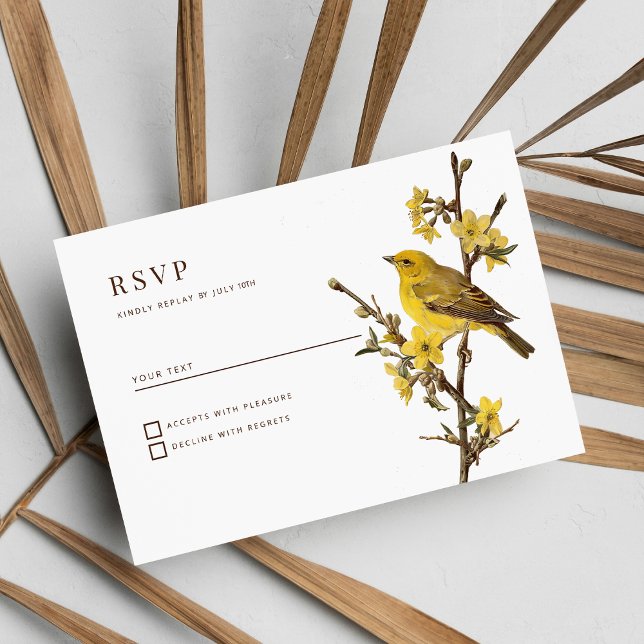 Invitación Ave amarillo botánico flor de manzana verano RSVP (Botanic yellow bird apple flower summer RSVP)