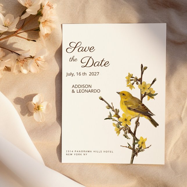 Invitación Ave amarillo botánico verano de flores Salven la f (Botanic yellow bird flower summer Save the Date)
