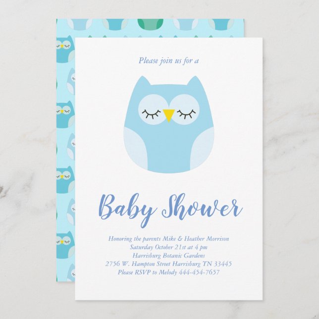 Invitación Ave azul Baby Shower de búho (Anverso / Reverso)