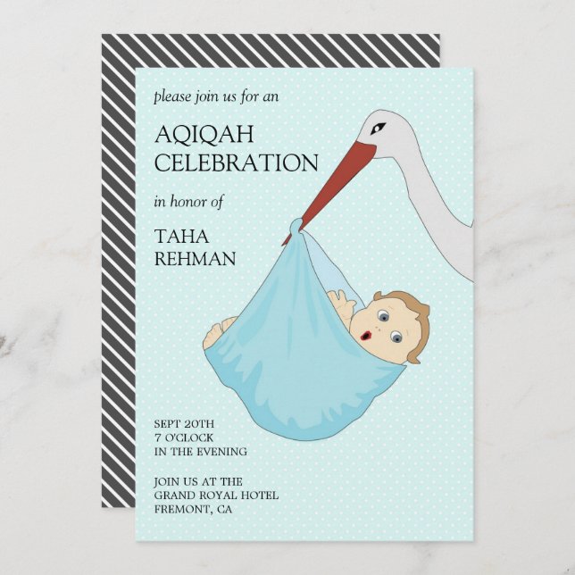Invitación Ave Azul Bebé Aqiqah (Anverso / Reverso)
