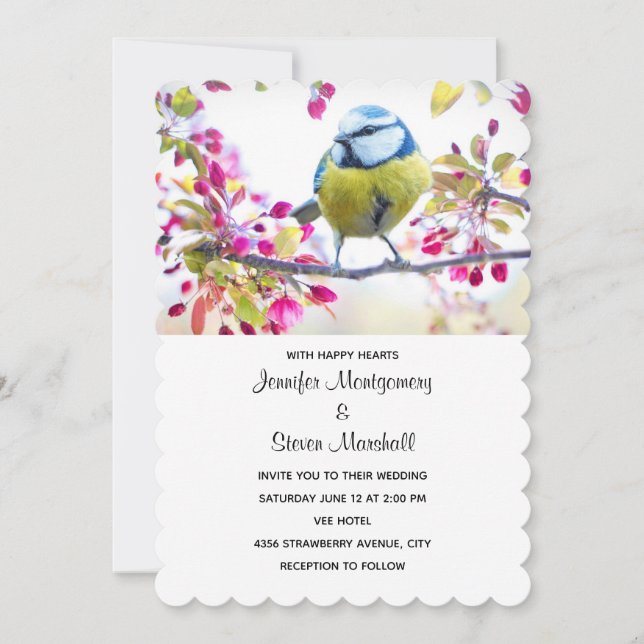 Invitación Ave azul bonito y amarillo en un Boda de sucursal (Anverso)