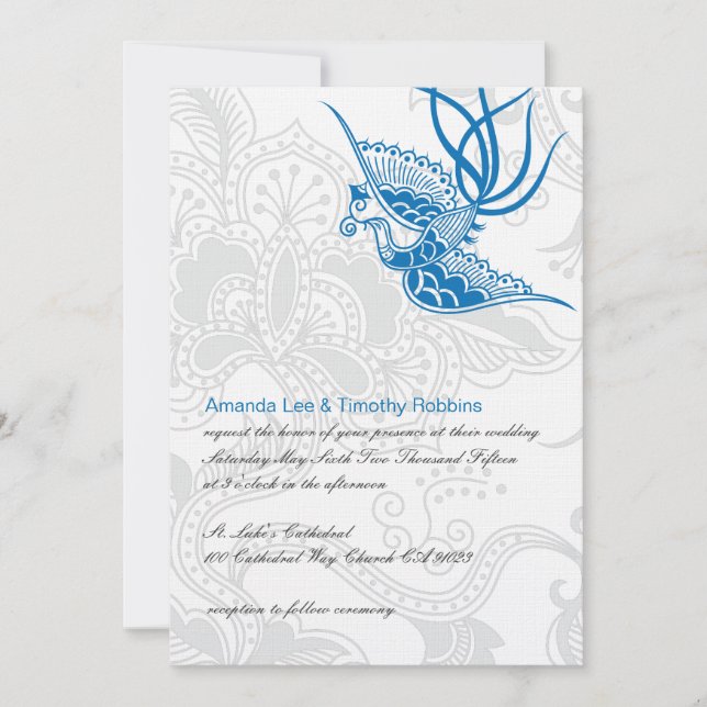 Invitación Ave azul deslumbrante y boda floral (Anverso)