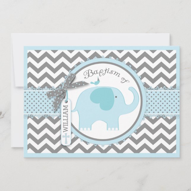 Invitación Ave azul elefante y bautismo impreso en chevron (Anverso)
