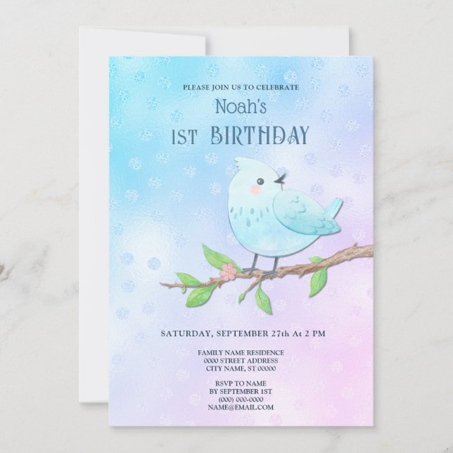 Invitación Ave azul primer cumpleaños (Anverso)