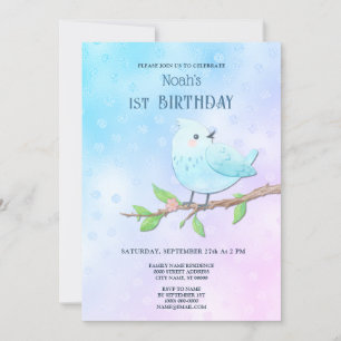 Invitación Ave azul primer cumpleaños