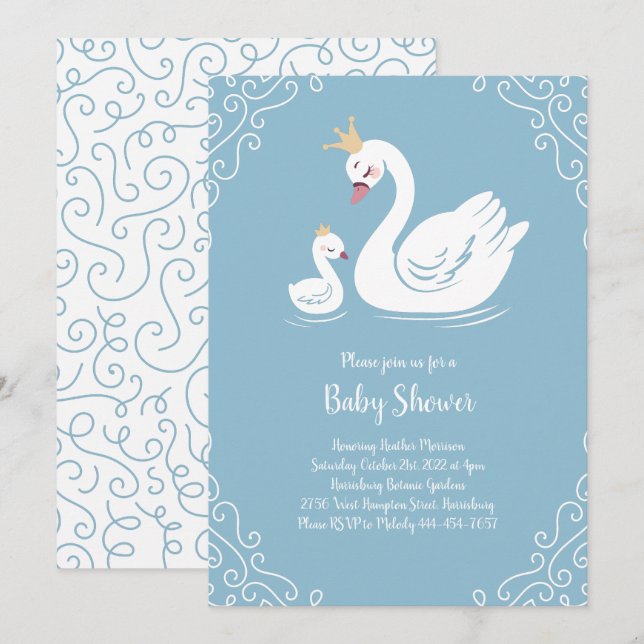 Invitación Ave Baby Shower de cisne azul con corona (Anverso / Reverso)