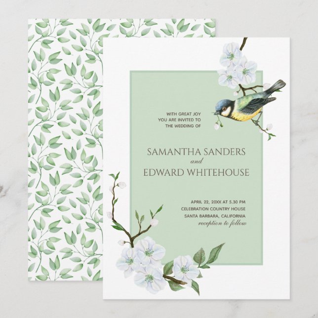 Invitación Ave de manantial de color blanco floral (Anverso / Reverso)