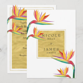 Invitación Ave del Paraíso Elegante Boda de Oro Blanco