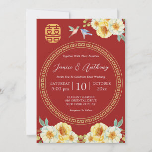 Invitación Ave floral amarillo elegante boda chino rojo