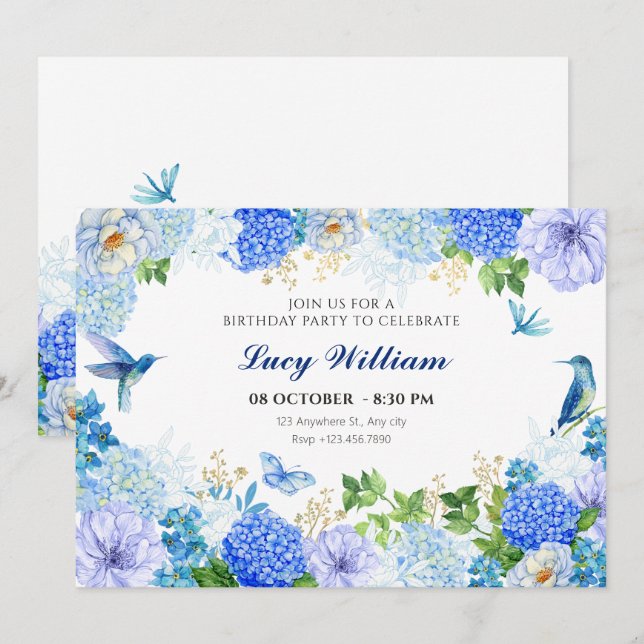 Invitación Ave floral azul, cumpleaños elegante (Anverso / Reverso)
