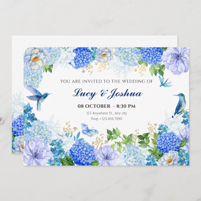 Invitación Ave floral azul simple boda elegante (Anverso / Reverso)