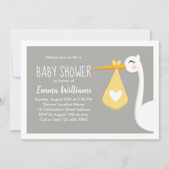Invitación Ave gris amarillo moderno | Cute Baby Shower (Anverso)