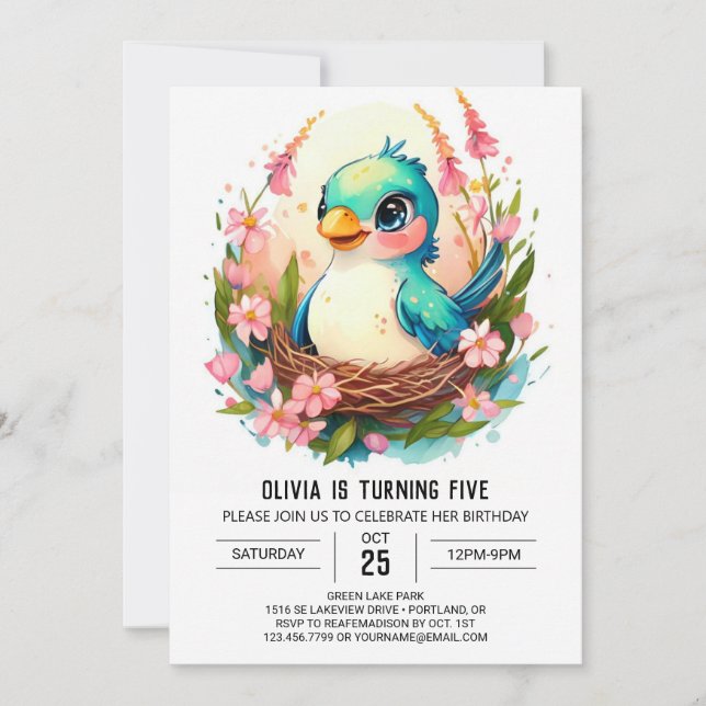 Invitación Ave infantil editable Cumpleaños (Anverso)