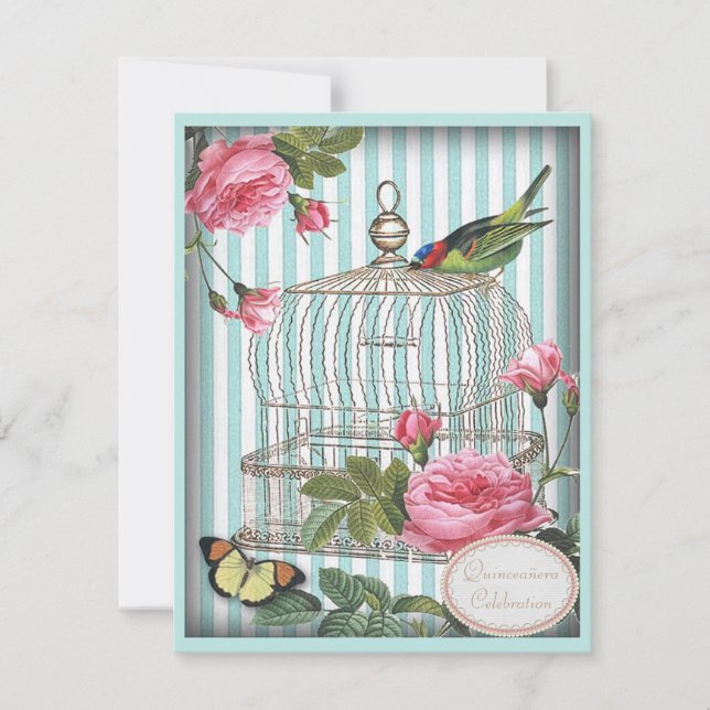 Invitación Ave, jaula, mariposa y Rosas Quinceanera (Anverso)