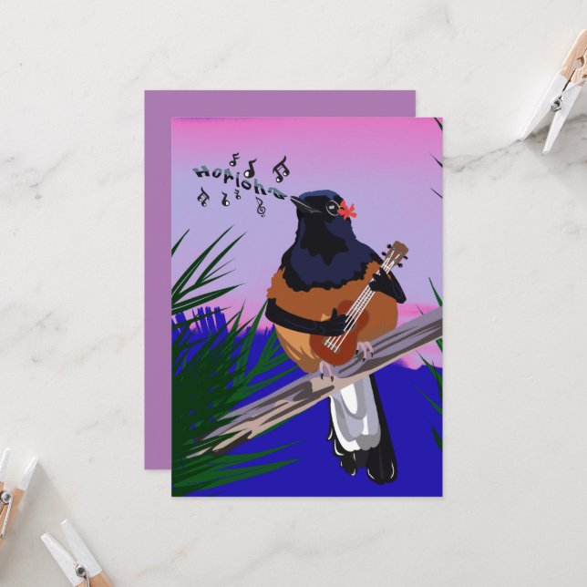Invitación Ave Shama de Hawái jugando ukulele (Anverso/Reverso In Situ)