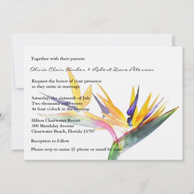 Invitación Ave simple y elegante del Boda floral del paraíso (Anverso)