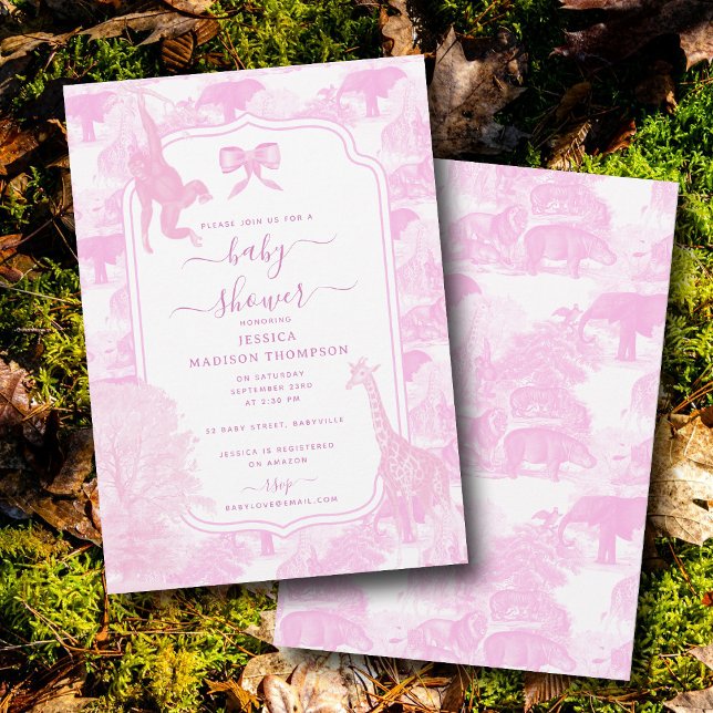 Invitación Avellano rosa Safari Animales Chinoiserie Baby Sho (Pink Toile Safari Animals Chinoiserie Baby Shower Invitation)