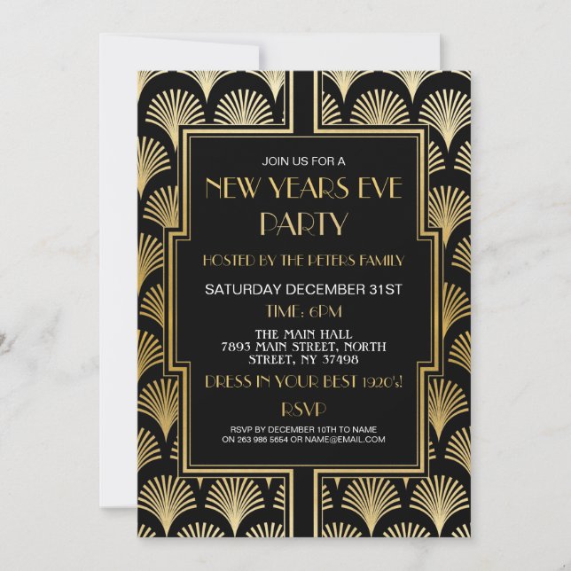 Invitación Aventador de Año Nuevo Gatsby de los años 20 negro (Anverso)