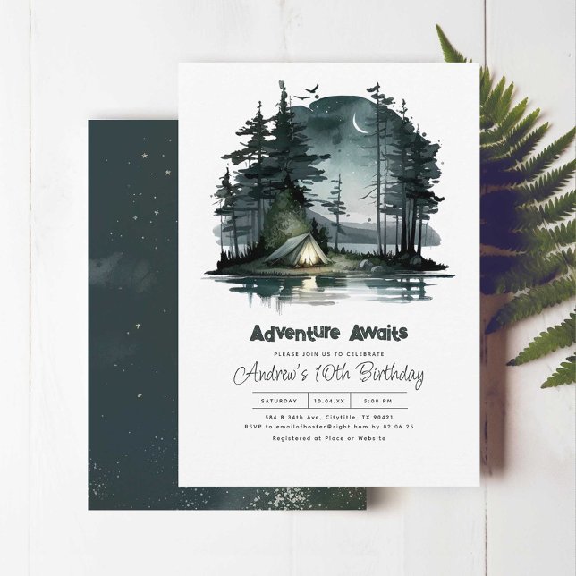 Invitación Aventura a la fiesta de cumpleaños de la naturalez (Adventure Awaits! Camping Birthday Invitations With Night Campsite Scene)