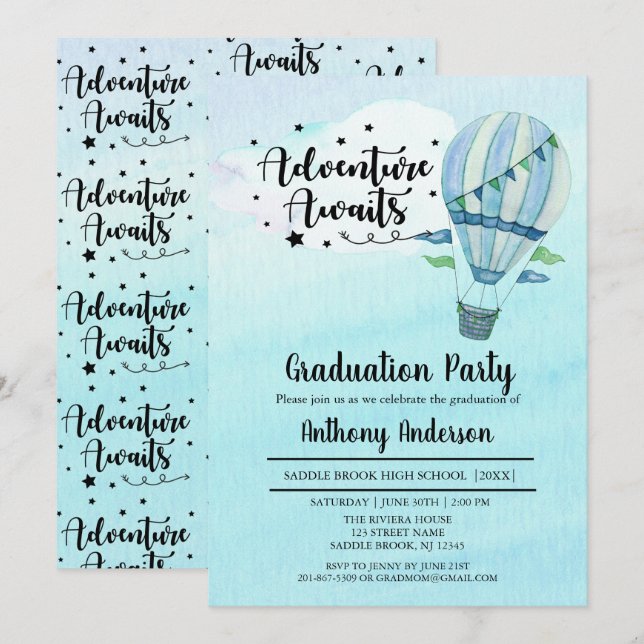 Invitación Aventura a la fiesta de graduación de globos aeros (Anverso / Reverso)