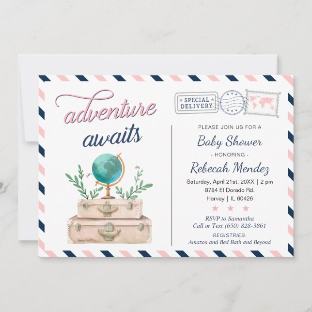 Invitación Aventura a la marina viajera Baby Shower rosa (Anverso)