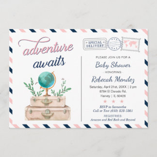 Invitación Aventura a la marina viajera Baby Shower rosa