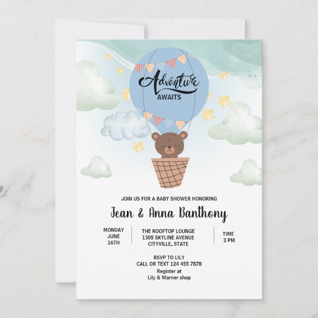 Invitación aventura acuática espera ducha de bebé Oso (Anverso)