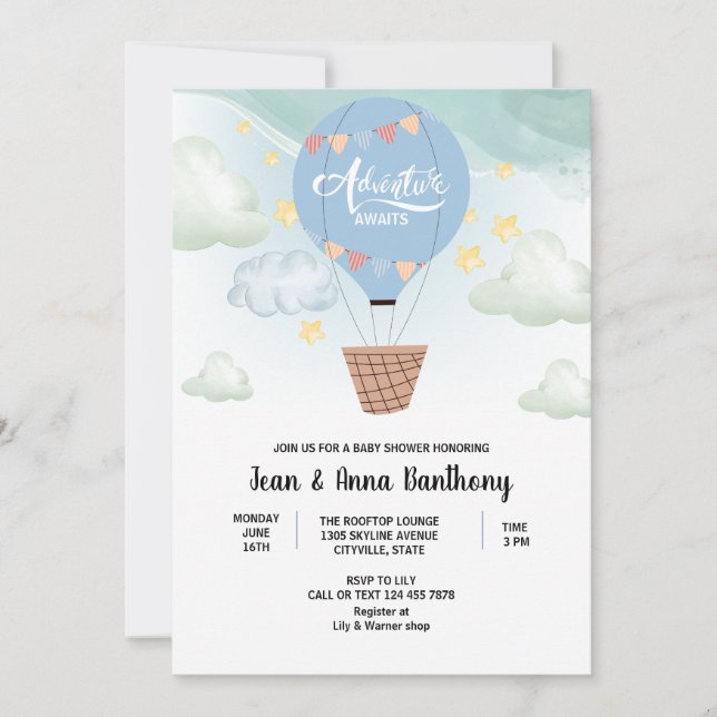 Invitación aventura acuática espera la ducha de bebé (Anverso)