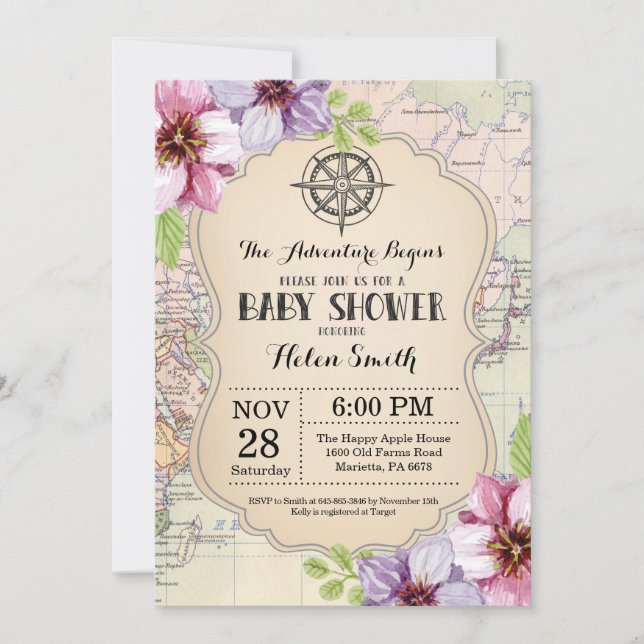 Invitación Aventura Baby Shower Floral Map Mundo de Viajes (Anverso)