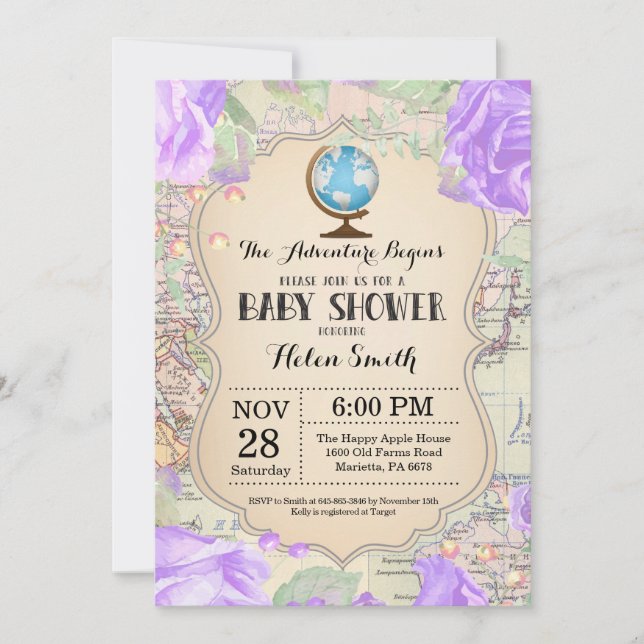 Invitación Aventura Baby Shower Floral Map Mundo de Viajes (Anverso)