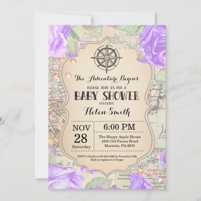 Invitación Aventura Baby Shower Floral Map Mundo de Viajes (Anverso)