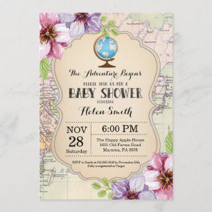 Invitación Aventura Baby Shower Floral Map Mundo de Viajes