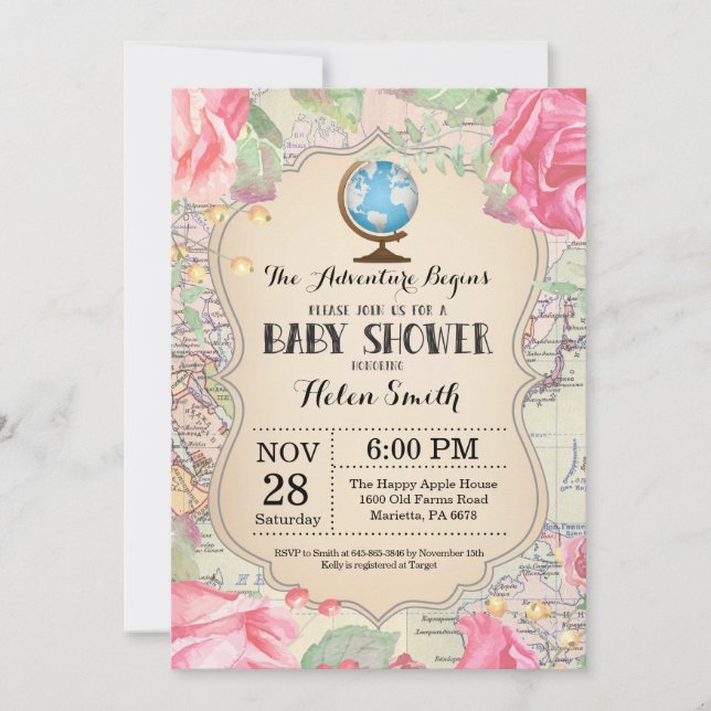 Invitación Aventura Baby Shower Pink Floral Mapa de viajes mu (Anverso)
