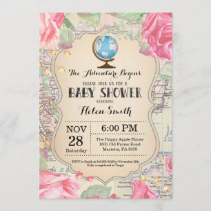 Invitación Aventura Baby Shower Pink Floral Mapa de viajes mu
