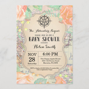 Invitación Aventura Baby Shower Pink Floral Mapa de viajes mu