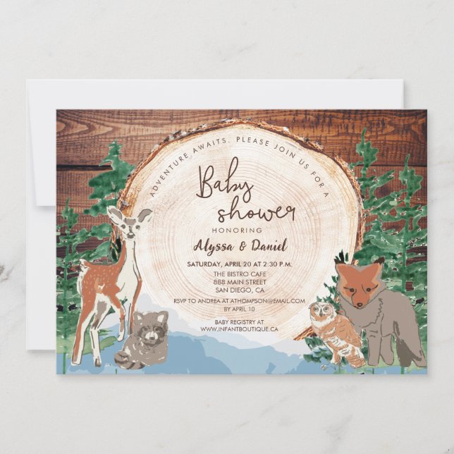 Invitación Aventura Baby Shower Watercolor Tree Woodland (Anverso)